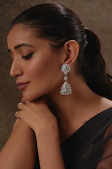 White Rhodium Finish Sapphire Jhumka Earrings In Sterling Silver