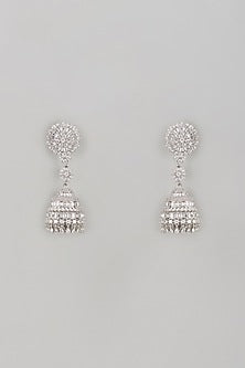 White Rhodium Finish Sapphire Jhumka Earrings In Sterling Silver