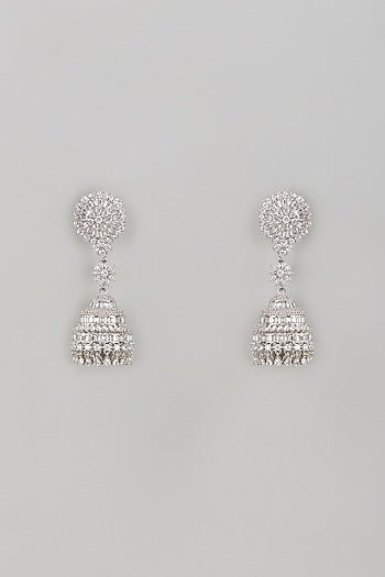 White Rhodium Finish Sapphire Jhumka Earrings In Sterling Silver