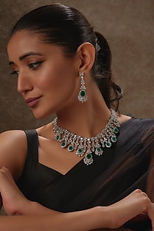 White Rhodium Finish Emerald & Sapphire Long Necklace Set In Sterling Silver