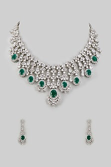 White Rhodium Finish Emerald & Sapphire Long Necklace Set In Sterling Silver