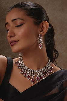 White Rhodium Finish Sapphire & Ruby Long Necklace Set In Sterling Silver