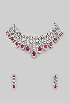 White Rhodium Finish Sapphire & Ruby Long Necklace Set In Sterling Silver