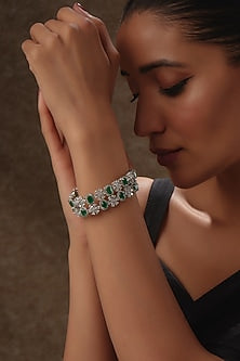 White Rhodium Finish Sapphire & Emerald Openable Cuff In Sterling Silver