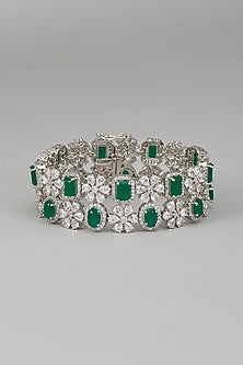 White Rhodium Finish Sapphire & Emerald Openable Cuff In Sterling Silver