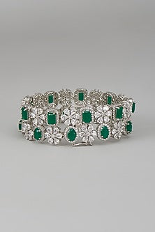 White Rhodium Finish Sapphire & Emerald Openable Cuff In Sterling Silver