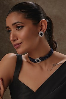 White Rhodium Finish Blue & White Sapphire Choker Necklace Set In Sterling Silver