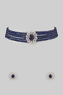 White Rhodium Finish Blue & White Sapphire Choker Necklace Set In Sterling Silver