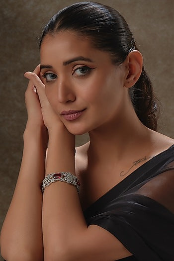 White Rhodium Finish Sapphire & Ruby Bracelet In Sterling Silver