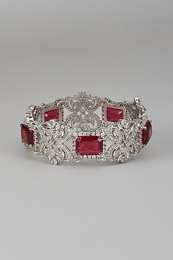 White Rhodium Finish Sapphire & Ruby Bracelet In Sterling Silver