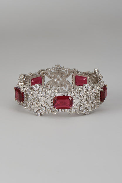 White Rhodium Finish Sapphire & Ruby Bracelet In Sterling Silver