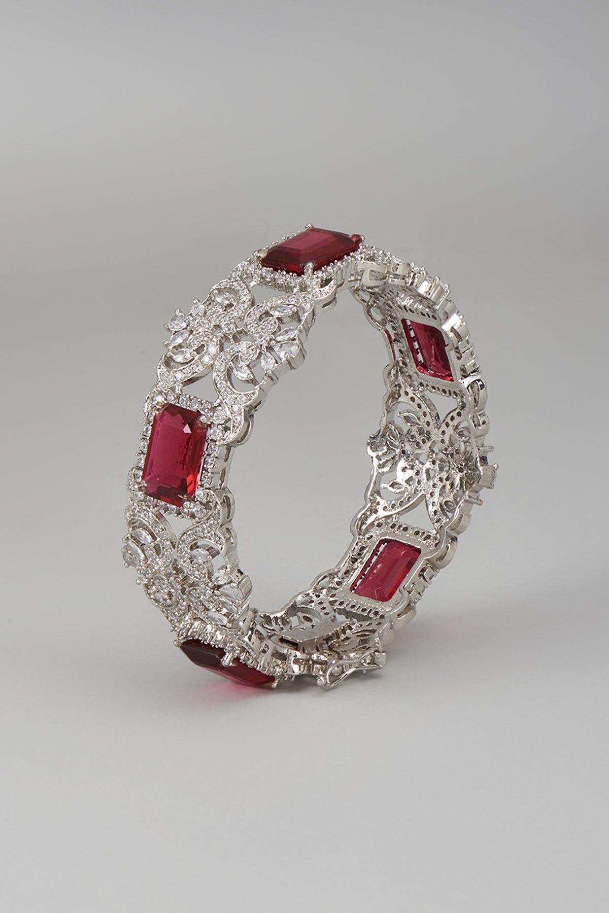 White Rhodium Finish Sapphire & Ruby Bracelet In Sterling Silver