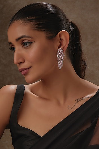 White Rhodium Finish Pink Quartz & Sapphire Dangler Earrings In Sterling Silver