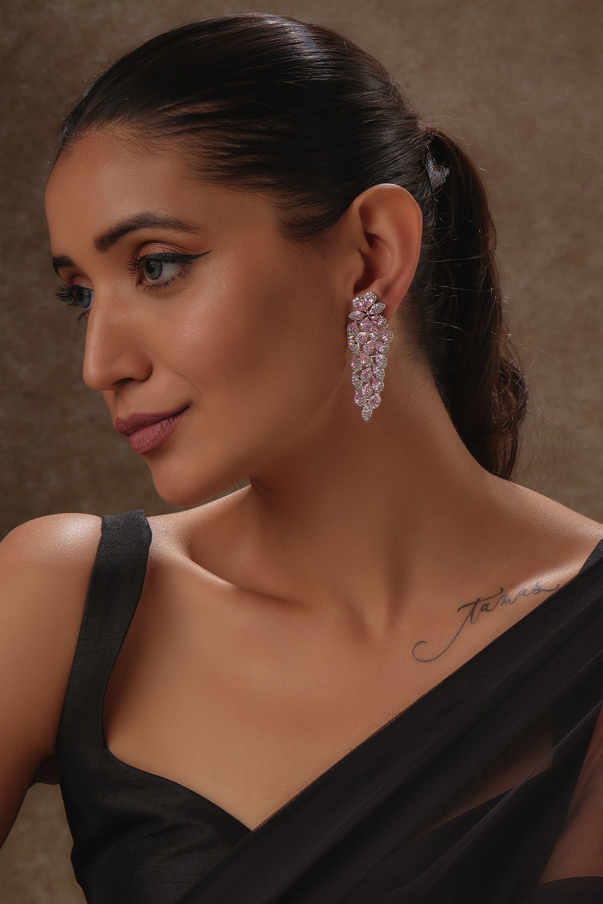 White Rhodium Finish Pink Quartz & Sapphire Dangler Earrings In Sterling Silver