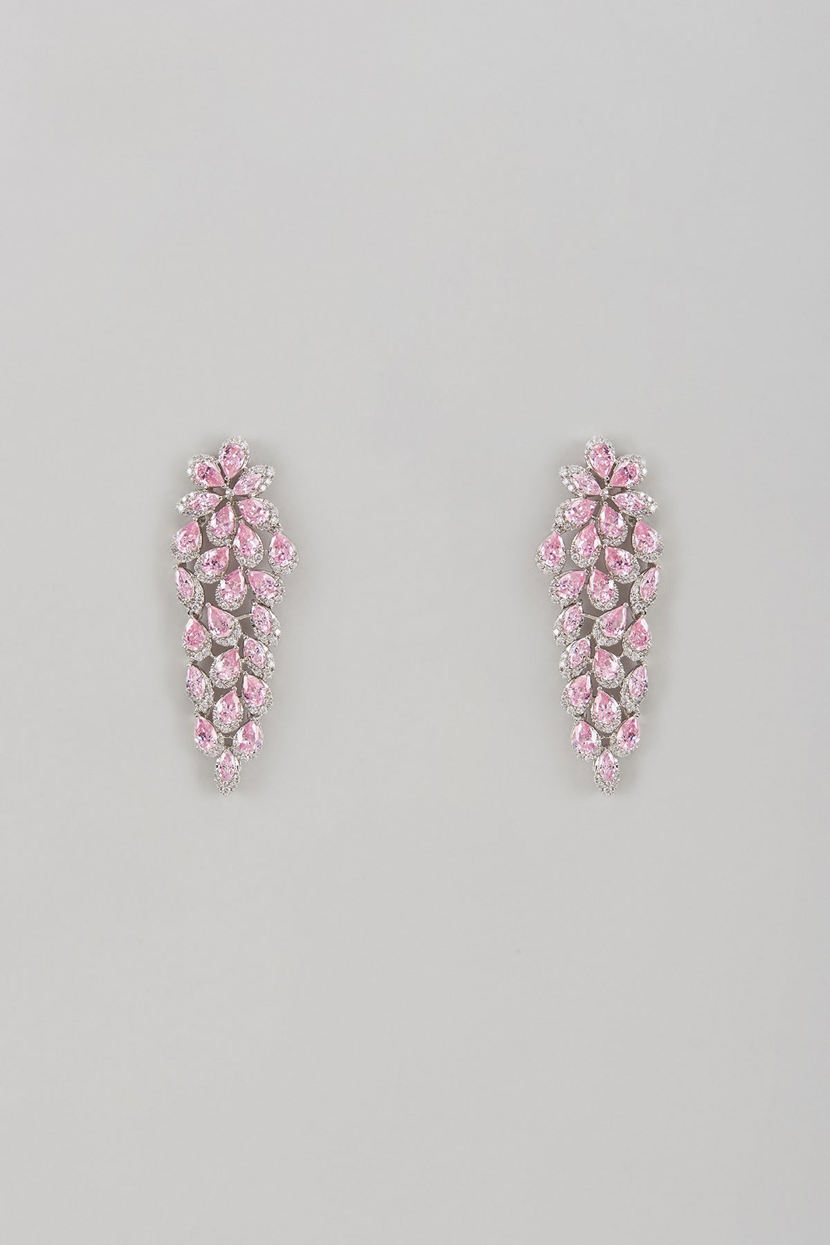 White Rhodium Finish Pink Quartz & Sapphire Dangler Earrings In Sterling Silver