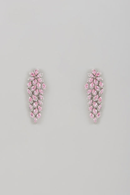 White Rhodium Finish Pink Quartz & Sapphire Dangler Earrings In Sterling Silver