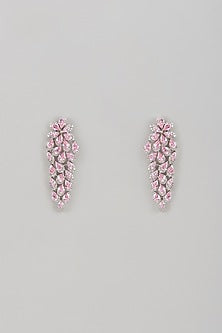White Rhodium Finish Pink Quartz & Sapphire Dangler Earrings In Sterling Silver