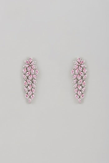 White Rhodium Finish Pink Quartz & Sapphire Dangler Earrings In Sterling Silver