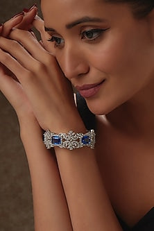 White Rhodium Finish Blue & White Sapphire Bracelet In Sterling Silver