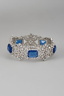 White Rhodium Finish Blue & White Sapphire Bracelet In Sterling Silver