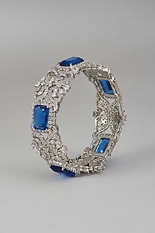White Rhodium Finish Blue & White Sapphire Bracelet In Sterling Silver