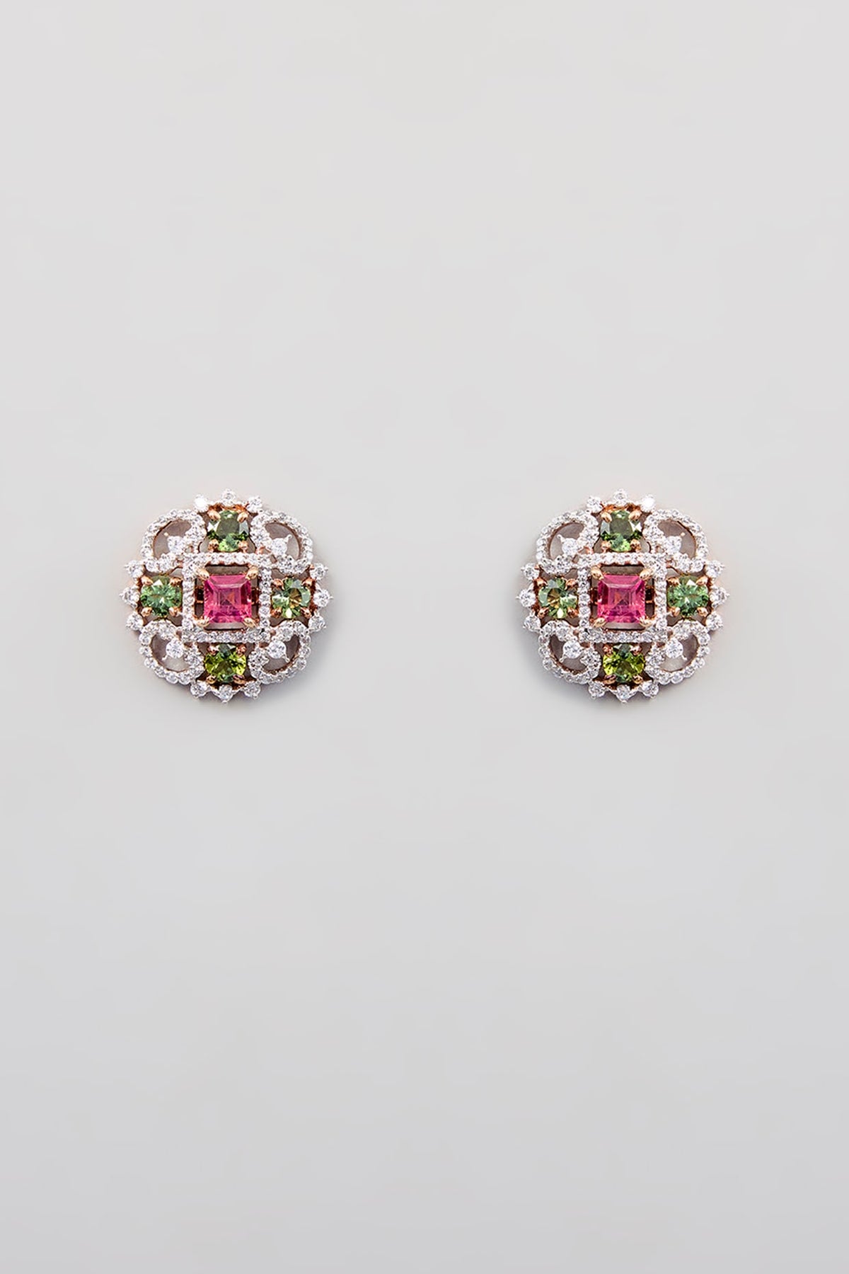 Rose Gold Finish Green Synthetic Stone Stud Earrings In Sterling Silver