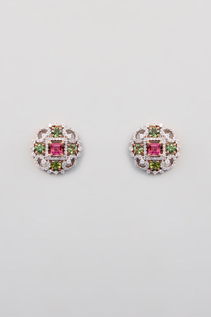 Rose Gold Finish Green Synthetic Stone Stud Earrings In Sterling Silver