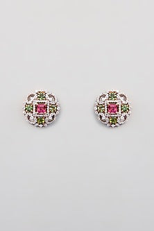Rose Gold Finish Green Synthetic Stone Stud Earrings In Sterling Silver