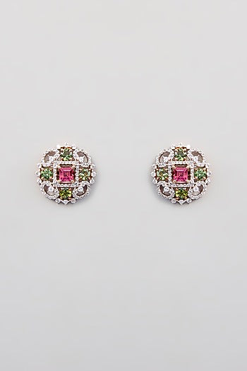 Rose Gold Finish Green Synthetic Stone Stud Earrings In Sterling Silver