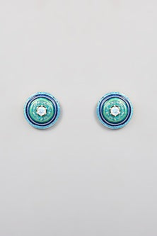 White Finish Blue Synthetic Stone Stud Earrings In Sterling Silver