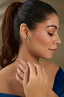 White Finish Green Synthetic Stone Stud Earrings In Sterling Silver
