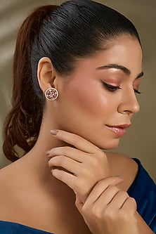 Rose Gold Finish Pink Synthetic Stone Stud Earrings In Sterling Silver