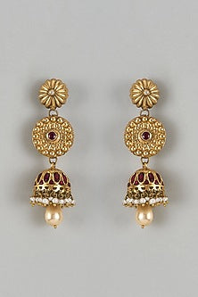 Gold Finish Red Moissanite Polki Dangler Earrings In Sterling Silver