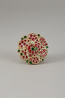 Gold Finish Red Moissanite Polki Beaded Ring In Sterling Silver
