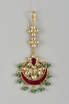 Gold Finish Kundan Polki Maangtikka In Sterling Silver
