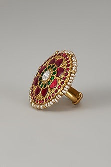 Gold Finish Kundan Polki Ring In Sterling Silver