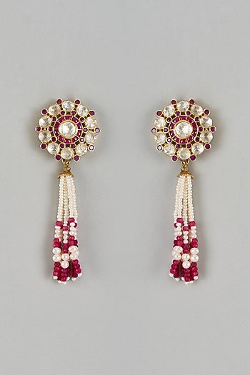 Gold Finish Moissanite Polki Dangler Earrings In Sterling Silver