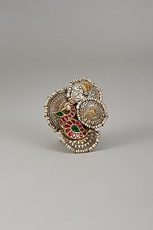 Gold Finish Kundan Polki Ring In Sterling Silver