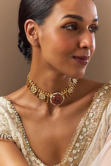 Gold Finish Moissanite Polki Necklace In Sterling Silver