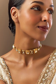 Gold Finish Moissanite Polki Choker Necklace In Sterling Silver