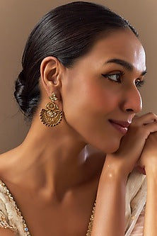 Gold Finish Red Moissanite Polki Dangler Earrings In Sterling Silver