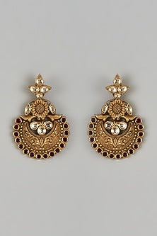 Gold Finish Red Moissanite Polki Dangler Earrings In Sterling Silver