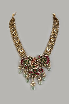 Gold Finish Moissanite Polki Long Necklace In Sterling Silver