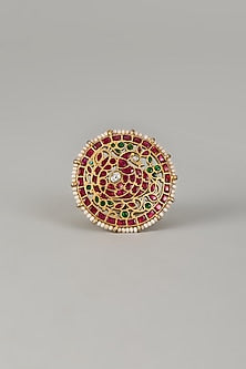 Gold Finish Red Moissanite Polki Ring In Sterling Silver