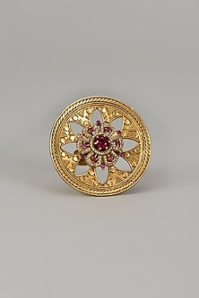 Gold Finish Red Moissanite Polki Ring In Sterling Silver