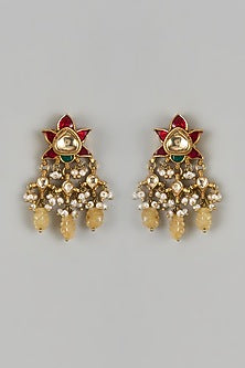 Gold Finish Yellow Moissanite Polki Dangler Earrings In Sterling Silver