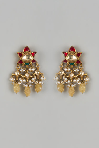 Gold Finish Yellow Moissanite Polki Dangler Earrings In Sterling Silver