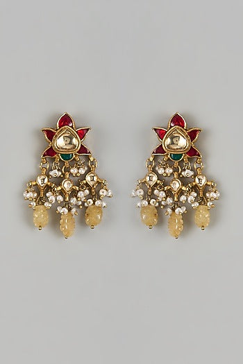 Gold Finish Yellow Moissanite Polki Dangler Earrings In Sterling Silver