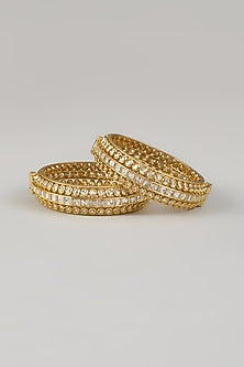 Gold Finish Kundan Polki Handcrafted Openable Bangles (Set Of 2)