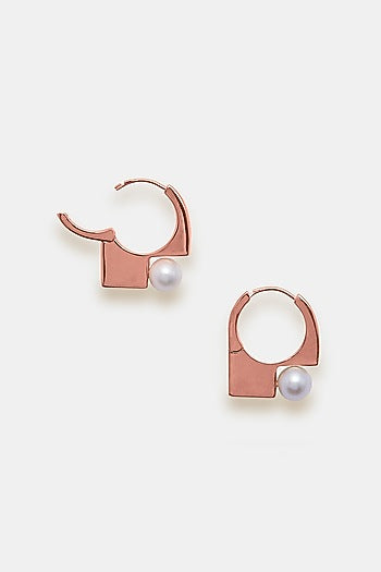 Rose Gold Plated Pearl Hoop Earrings In Sterling Silver